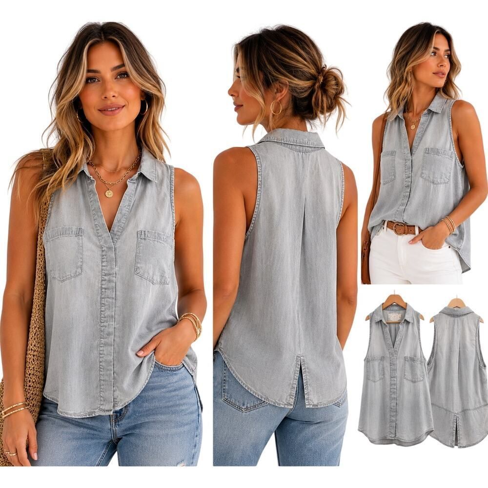 BELLA DAHL Women's Lightweight Denim Button Up Sleeveless Top Blue Size Small